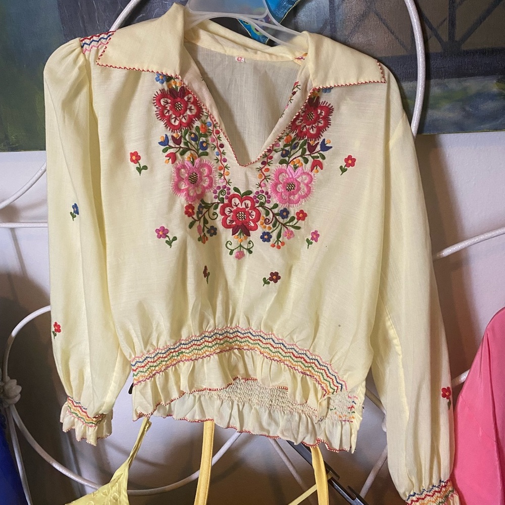 Yellow Long Sleeve Embroidered Blouse Size 42